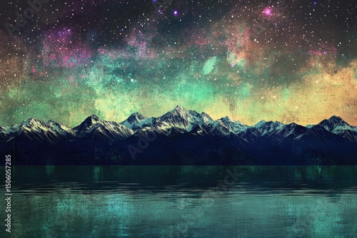 A stunning image captures majestic snow-capped mountains reflecting on serene waters under a vibrant, colorful, and textured night sky.