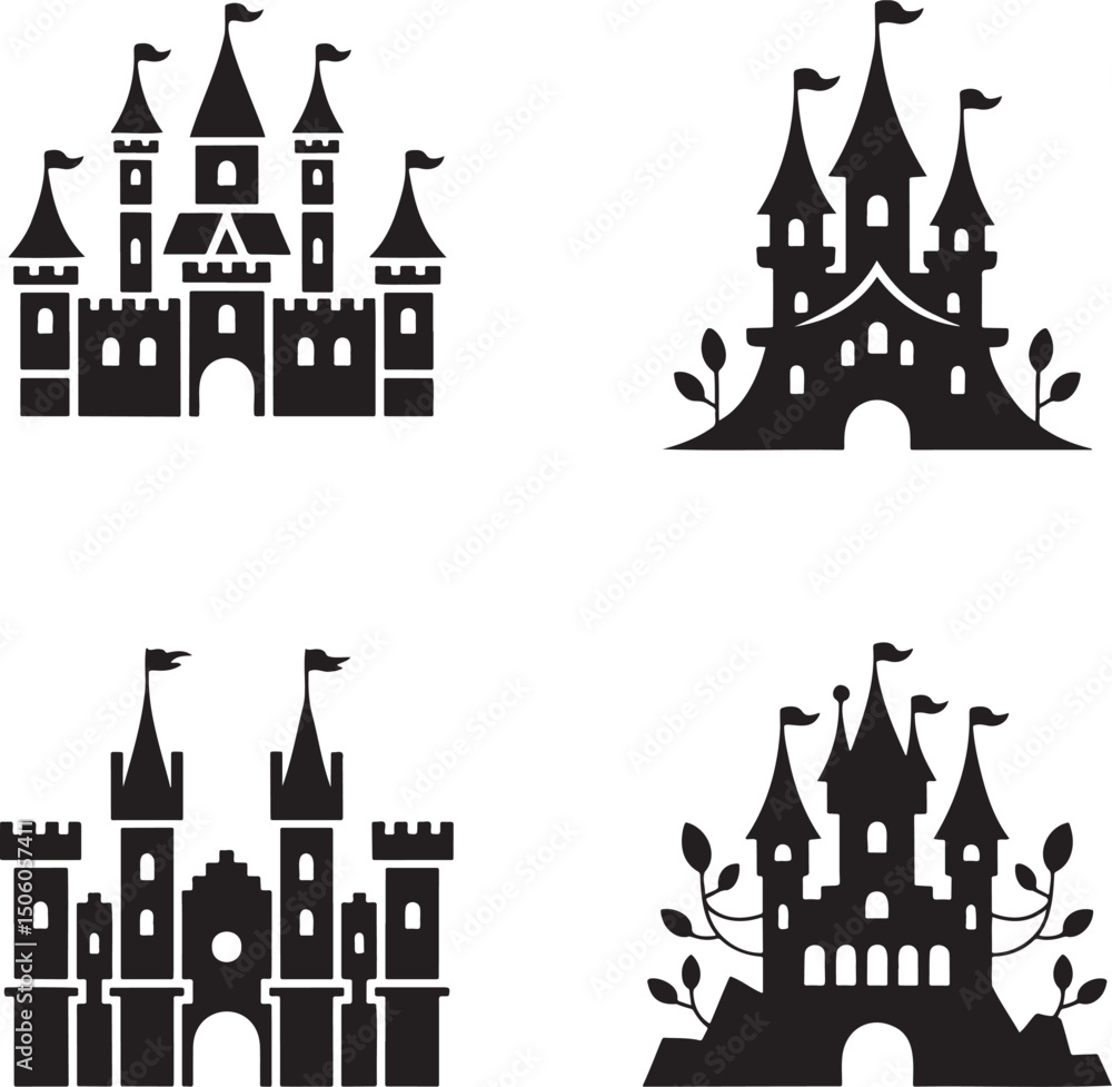 Obraz premium Fantasy Magic Castle silhouette set vector isolated On Transparent Background