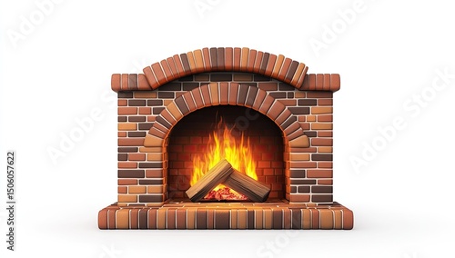 3D rendered brick fireplace with burning wood