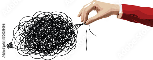 A hand pulls a thread from a tangled ball. Concept of problem solving and eliminating uncertainty. Modern photo collage style. 