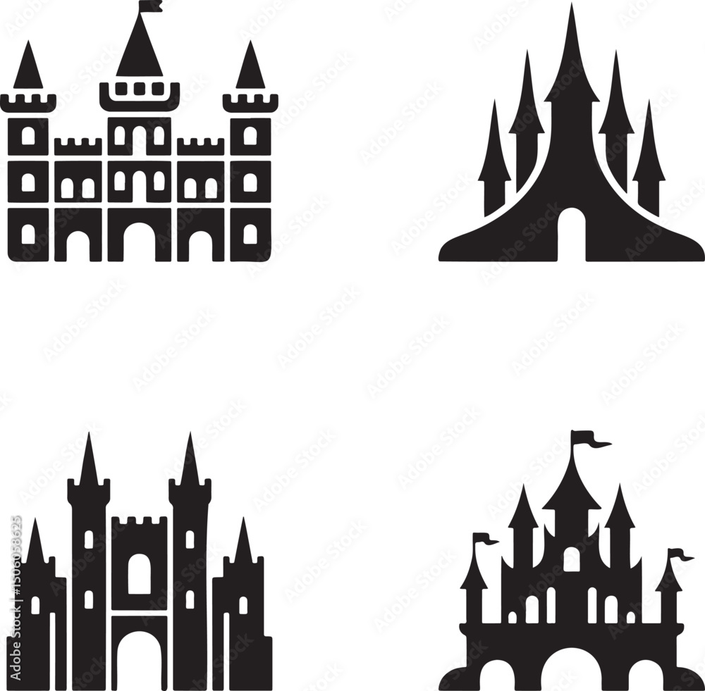 Fototapeta premium Fantasy Magic Castle silhouette set vector isolated On Transparent Background