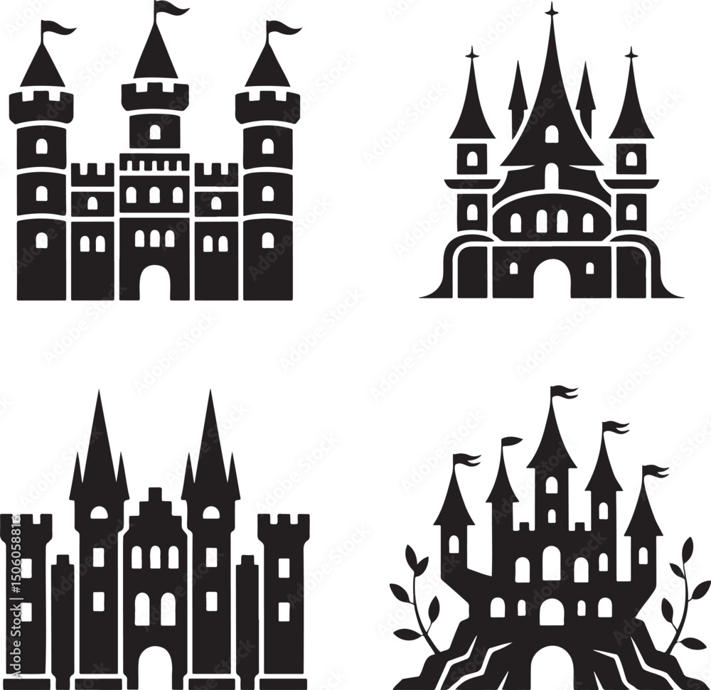 Obraz premium Fantasy Magic Castle silhouette set vector isolated On Transparent Background