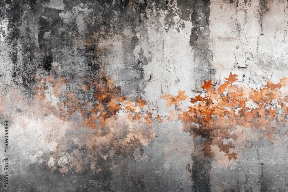 Fototapeta premium An old weathered concrete wall, adorned with patches of orange, resembling leaves, creates a textured and artistic background.