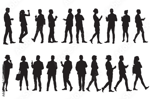People pose vector silhouette, dancing, jumping, walking, business, casual, group, human figures, men and women, isolated black outline diverse pose illustration