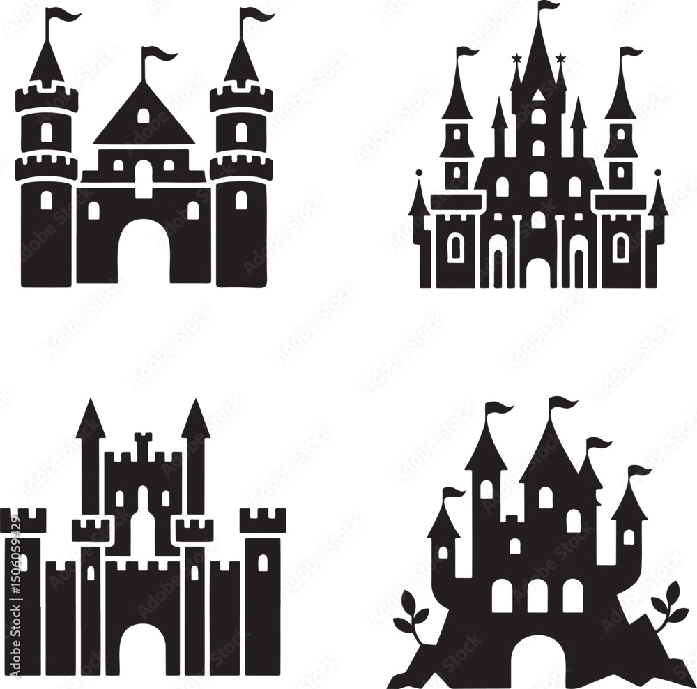 Obraz premium Fantasy Magic Castle silhouette set vector isolated On Transparent Background