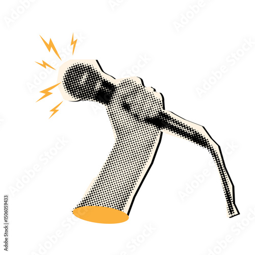 Trendy halftone collage hand holding microphone,contemporary collage cut out elements