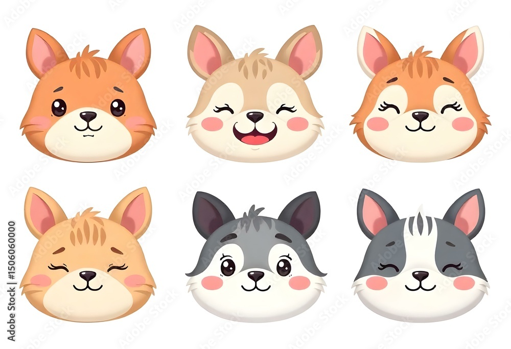 Cute cartoon animal faces showing various expressions — blushing, smiling, confused, surprised — flat illustration style, soft pastel colors, isolated on white, perfect for kids or kawaii-style assets Cute cartoon animal faces showing various expressions — blushing, smiling, confused, surprised — flat illustration style, soft pastel colors, isolated on white, perfect for kids or kawaii-style assets