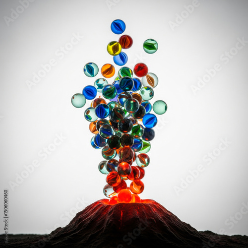 Colored balls burst out of the crater of the volcano.