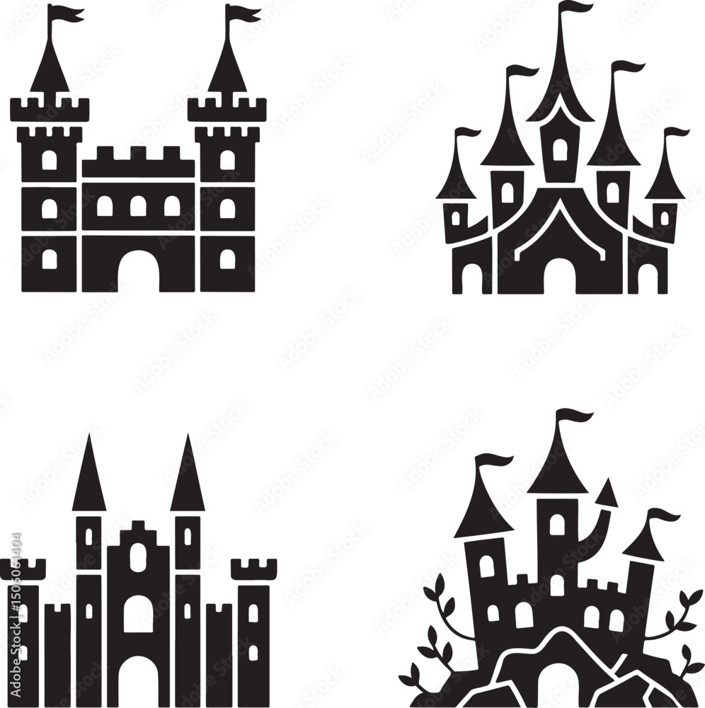 Obraz premium Fantasy Magic Castle silhouette set vector isolated On Transparent Background