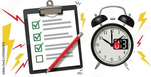 Ringing alarm clock with lightnings and clip note with checkboxes. Modern photo collage style. Illustration on transparent background