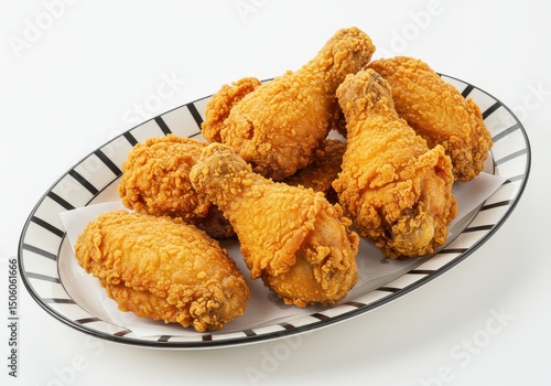 A platter of golden fried chicken pieces on a striped plate against a white background ready to eat