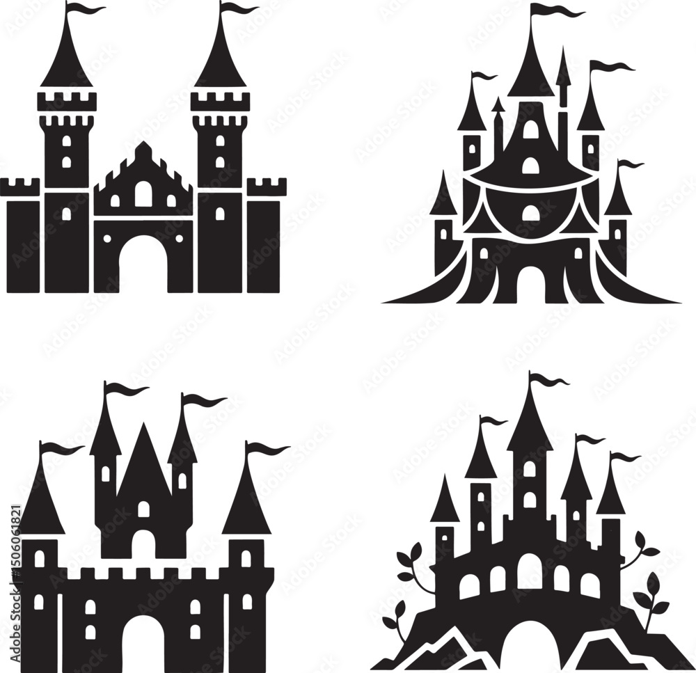 Obraz premium Fantasy Magic Castle silhouette set vector isolated On Transparent Background