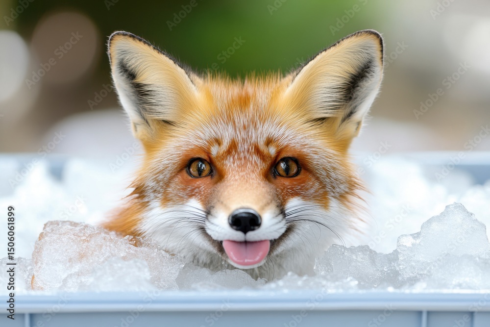 Obraz premium A red fox sits in a container filled with ice, its tongue sticking out, playful fox enjoying a cool summer day.