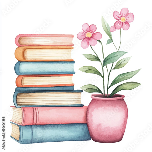 Cute cartoon watercolor A stack of self-help books 