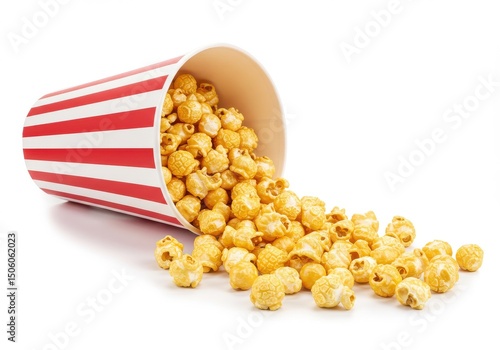 A striped bucket tipped over spilling out popcorn on a white background in a studio shot still life