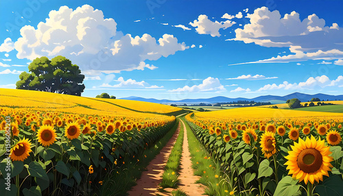 農村の青空とひまわり畑。アニメや漫画の背景。Rural blue sky and sunflower field. Anime and manga background.