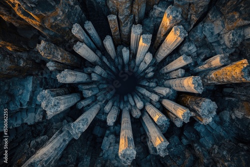 A captivating aerial view into the dark depths, revealing a unique rock formation of basalt columns.