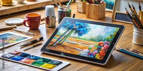 A bright artist's workspace features a tablet showcasing vibrant digital artwork. Nearby, paintbrushes, palettes, and colorful containers create an inspiring atmosphere for creativity