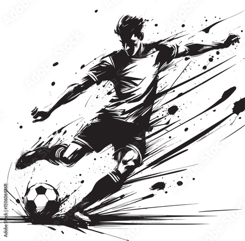 Dynamic Sketch of Soccer Player Kicking Ball With Intensity and Speed