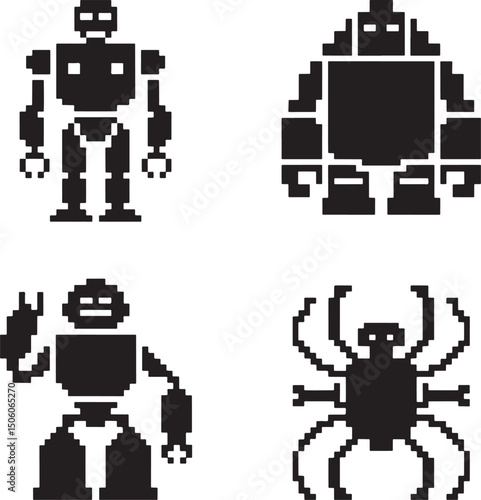 Pixel Robot silhouette set vector isolated On Transparent Background 