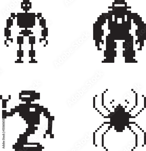 Pixel Robot silhouette set vector isolated On Transparent Background 