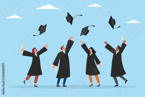 Vector illustration of four joyful graduates celebrating their academic achievements, students in graduation gowns throwing their hats in the air against a bright sky
