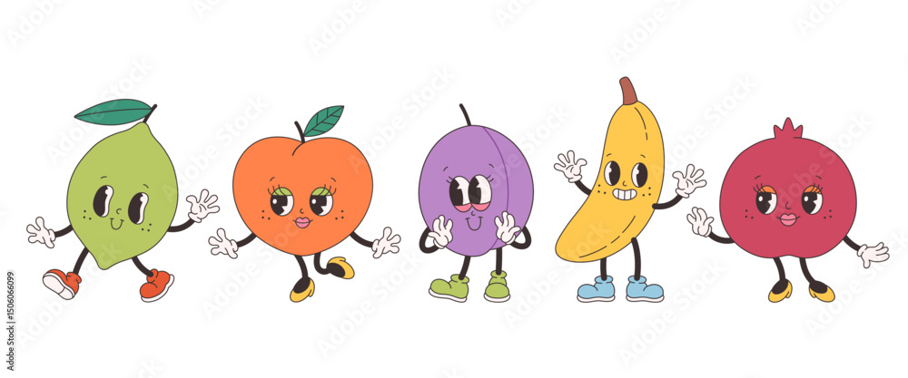 Fototapeta premium Cute groovy fruit characters. Trendy funky retro cartoon fruits. Groovy summer collection. Vector illustration in flat style