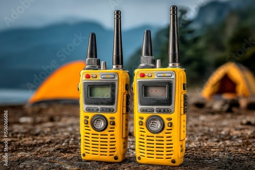 Two Yellow Walkie Talkies in a Camping Setting with Tents and Mountains in the Background