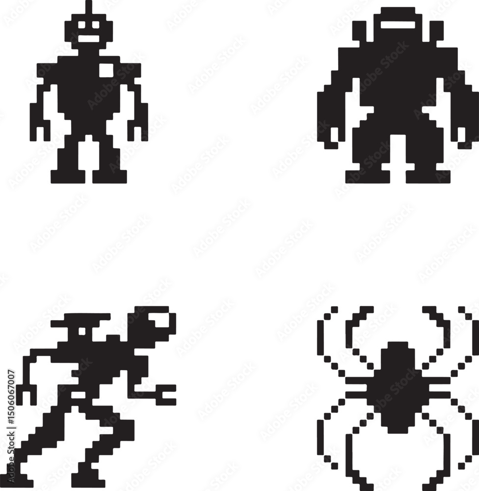 Fototapeta premium Pixel Robot silhouette set vector isolated On Transparent Background