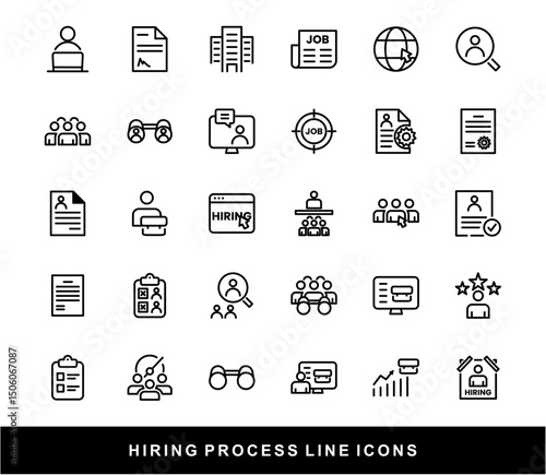 Hiring Process Line Icons. Recruitment, Job Application, Interview, Candidate Selection Vector Set	
