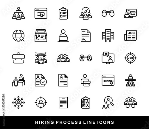 Hiring Process Line Icons. Recruitment, Job Application, Interview, Candidate Selection Vector Set	
