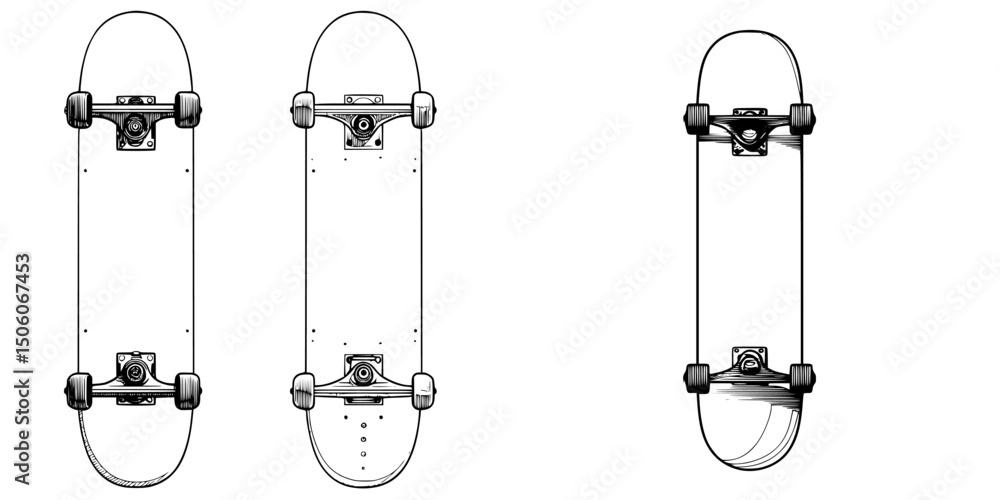 Icon set featuring various skateboard designs showcasing unique shapes, styles, and configurations for creative projects Icon set featuring various skateboard designs showcasing unique shapes, styles, and configurations for creative projects