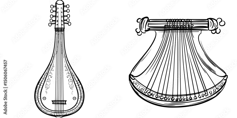 Fototapeta premium Hand-drawn icon set featuring traditional string instruments with detailed designs for creative projects and illustrations