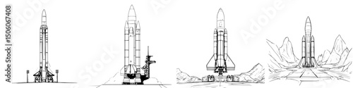Detailed icon set featuring rocket designs in various stages and environments suitable for illustrations or graphic projects