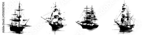 Icon set featuring detailed illustrations of historic sailing ships in various designs and orientations