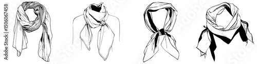Versatile icon set of stylish scarf designs displayed on various neck styles
