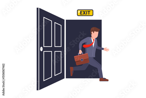 Man running out of open doors. Fire exit. Flat illustration.