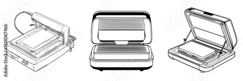Icon set showcasing various designs of sandwich presses and toasters used in kitchens