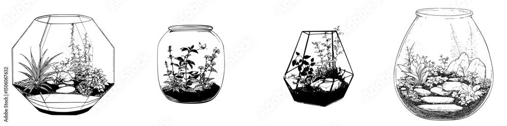 Obraz premium Illustrated icon set featuring various styles of terrariums with plants and stones