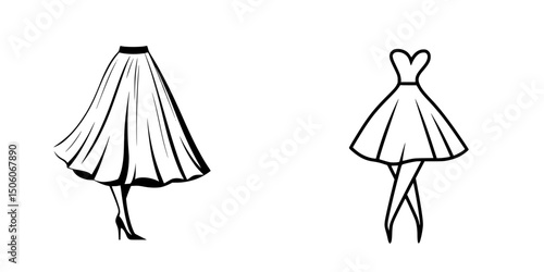 Stylized icon set featuring elegant dresses and skirts suitable for fashion design and marketing materials