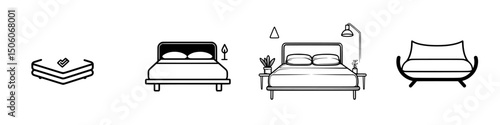 Icon set featuring various bed designs and furniture styles for interior decor applications