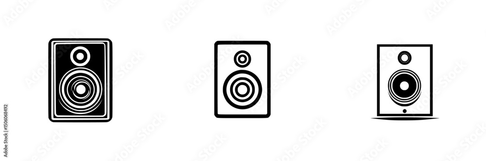 Collection of three distinct speaker icons illustrating audio equipment designs for digital use Collection of three distinct speaker icons illustrating audio equipment designs for digital use