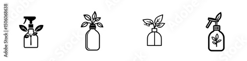 Icon set featuring spray bottles with plant designs for eco-friendly products and gardening applications