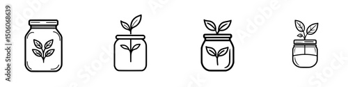 Icon set featuring various stages of plant growth in jars representing nurturing and sustainability concepts