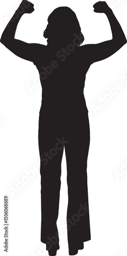 vector; silhouette rear view  woman standing with arms raised showing strength