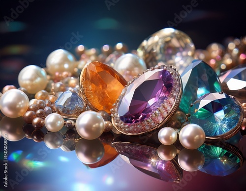 colorful gemstones and pearls shimmering in soft light on a reflective surface