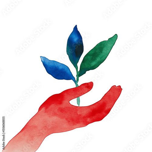 Watercolor illustration of a red hand holding a colorful plant with blue and green leaves, isolated on transparent background