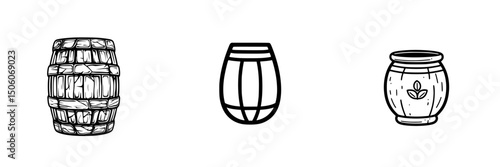 Various barrel designs featuring traditional wooden styles and a decorative pot, ideal for illustrative purposes