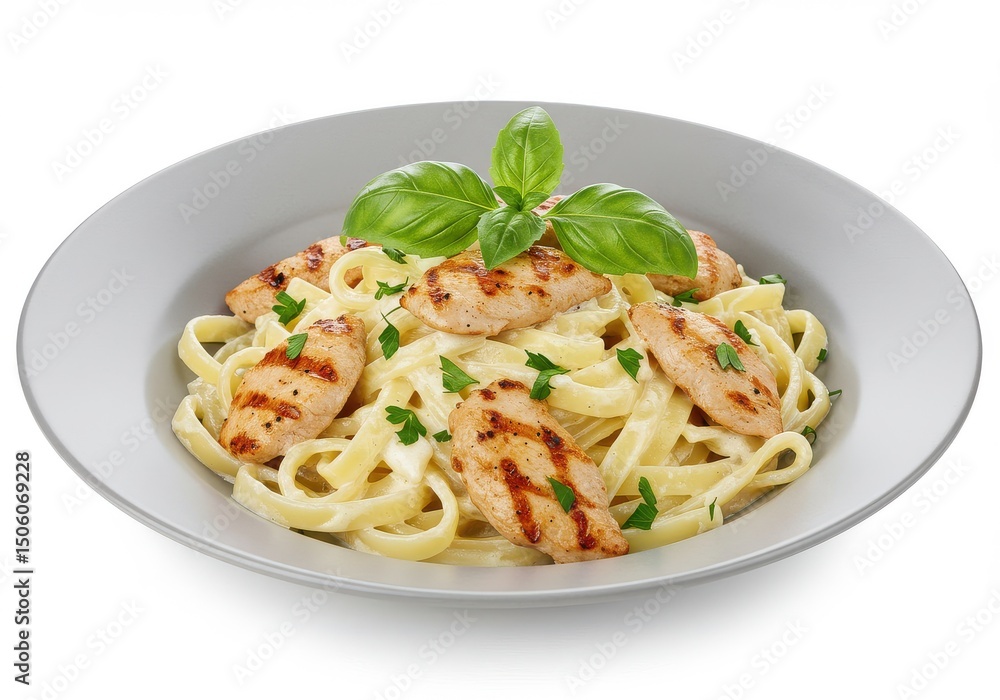 Fettuccine alfredo with grilled chicken, garnished with basil, isolated on white background Fettuccine alfredo with grilled chicken, garnished with basil, isolated on white background