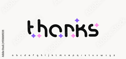 Thanks word in rounded modern font with sparkles. Playful cute phrase of appreciation for posters, cards, stickers, social media. Vector illustration